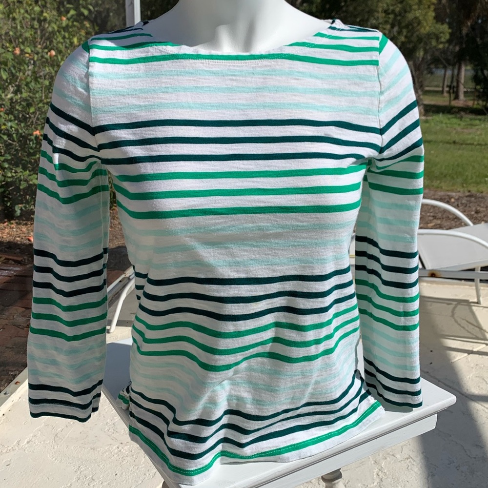 J.Crew Boatneck 3/4 Sleeve Green Stripe Shirt